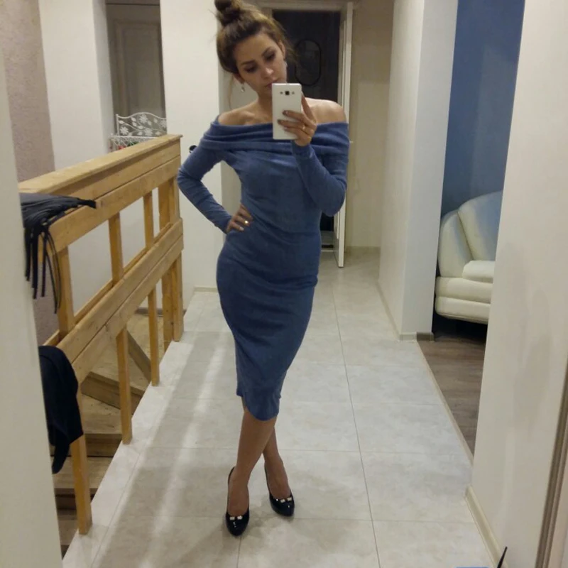 100% Хорошая Обратная Связь Сексуальная С Плеча Трикотажные Dress For Women осень Длинным