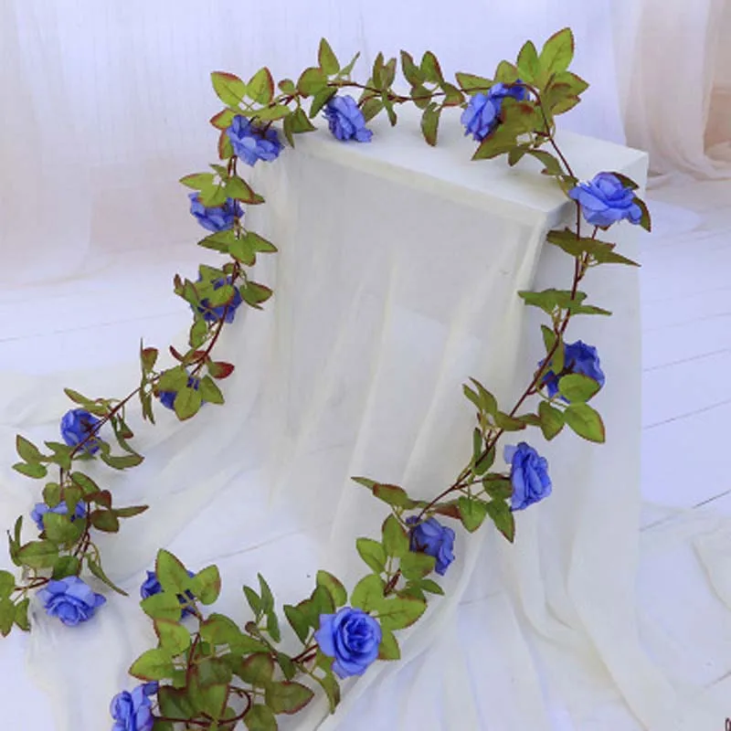 17pcs Blue 1 шт. шелковые розы плюща лоза с зелеными листьями для дома Свадебные украшения поддельные листья diy Висячие гирлянды искусственные цветы - Цвет: 17pcs Blue