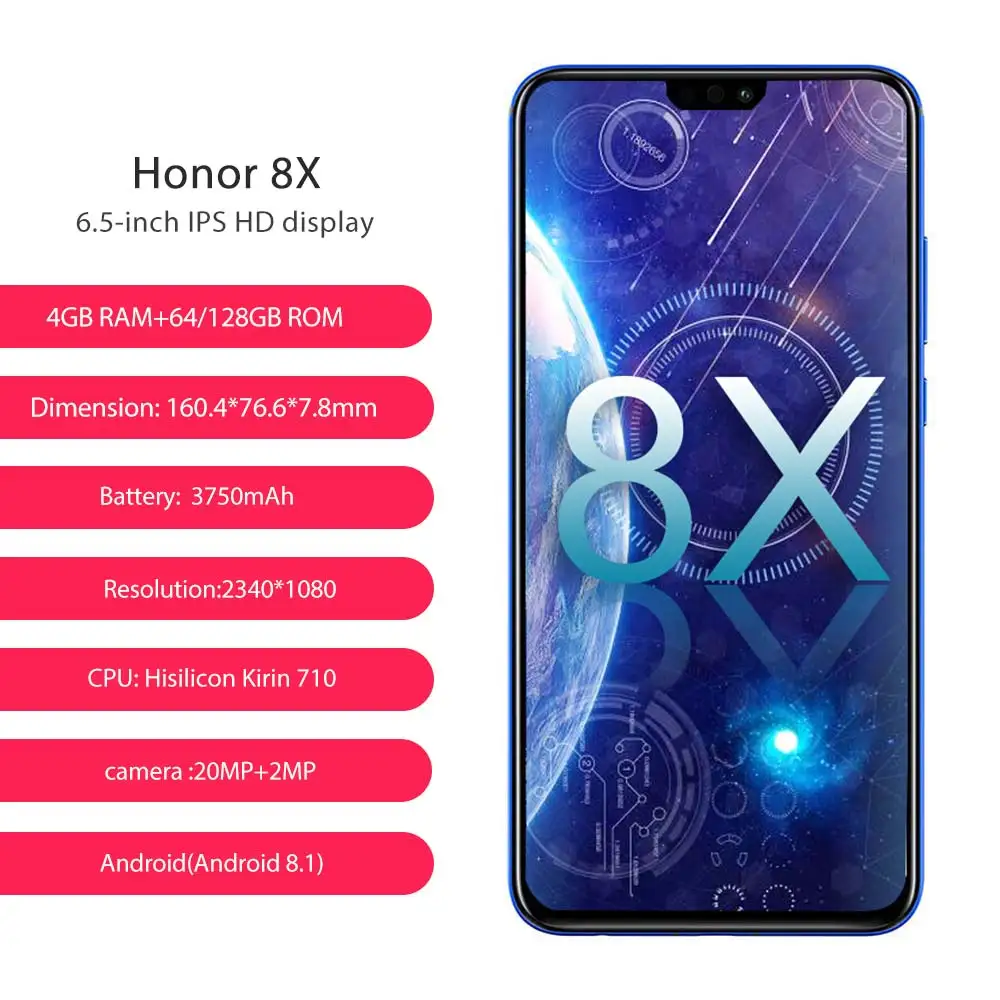 Глобальная версия huawei Honor 8X Android 8 1 6 5 &quot3750 мАч 20MP + 2MP двойной сзади камеры