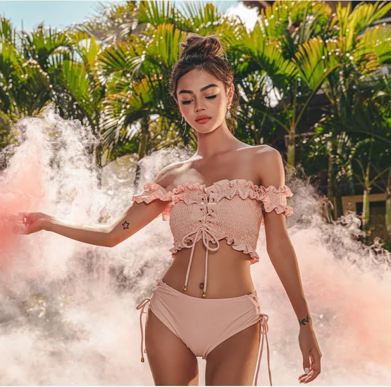 Сексуальное розовое бикини с рюшами на шнуровке открытыми плечами 2020 женская