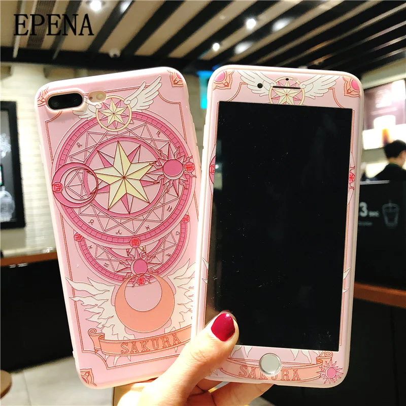 Чехол для iphone 7, 8 plus, 6, 6 S Plus, милый мультяшный чехол для телефона Sakura+ закаленное стекло, защитный чехол для экрана для iphone X, XR, XS Max
