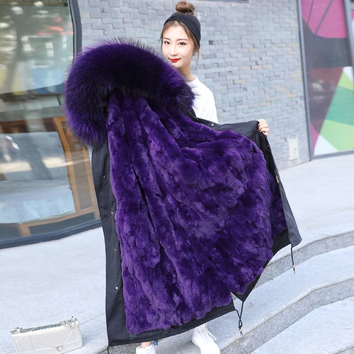 x-long purple Зимняя женская куртка из натурального меха, воротник из натурального меха енота, капюшон, подкладка из натурального кроличьего меха, Толстая теплая верхняя одежда, съемная - Цвет: x-long purple