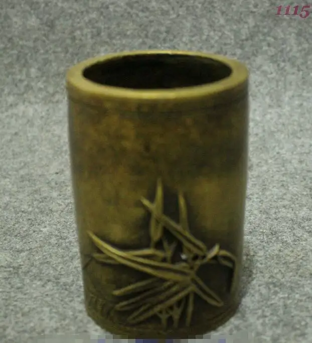 Народная китайская чистая бронза медная птица бамбуковая статуя щетка горшок