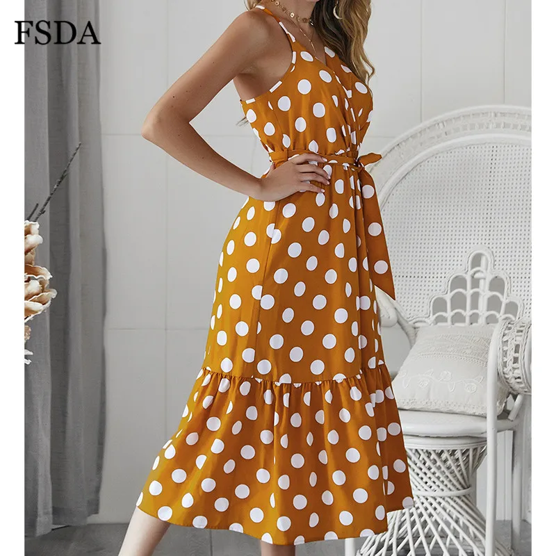 Женское пляжное платье миди FSDA Элегантное повседневное в горошек с запахом