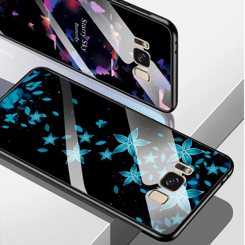 For Samsung Galaxy S8 Tempered Glass Case Soft Edge Back Cover Plus Phone Shell Flowers S8Plus Bags |