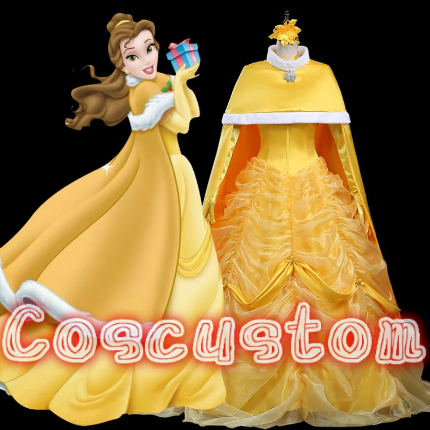 Coscustom Высококачественный костюм принцессы Белль с желтым плащом Фильм Красавица и Чудовище Белль модный костюм для косплея