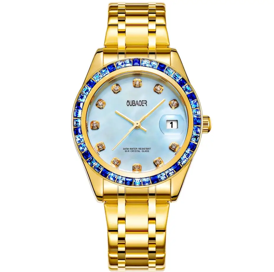 Gold blue OUBAOER Роскошные Брендовые женские часы-браслет женские модные часы с кристаллами под платье водонепроницаемые женские кварцевые часы XFCS Montre Femme - Цвет: Gold blue