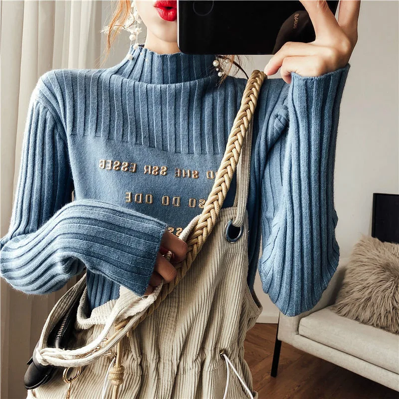 blue pullover Neploe, осенне-зимний корейский свитер с высоким воротником, пуловер, Женский вязаный свитер с длинным рукавом, облегающий стрейчевый джемпер с буквенным принтом - Цвет: blue pullover