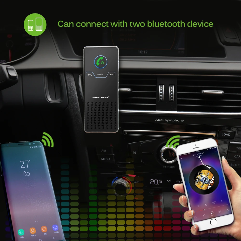 Onever беспроводной автомобильный комплект громкой связи с Bluetooth, элегантный передатчик громкой связи, автомобильный Громкая связь с автомобильным зарядным устройством, белый, черный