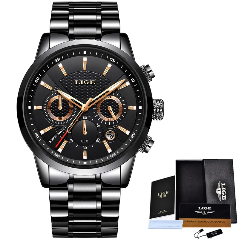 

Mens Watches LIGE Top Brand Luxury Waterproof Quartz Watch Mens Fashion Sport Military Stainless Steel Clock Relogio Masculino
