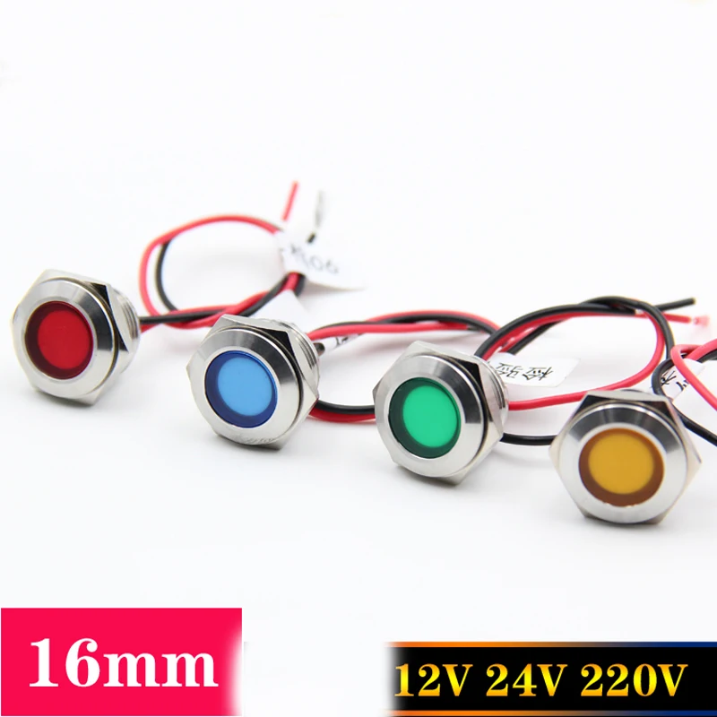 Металл LED индикатор 16 мм Водонепроницаемый сигнальная лампа 12 В 24 220 мощность