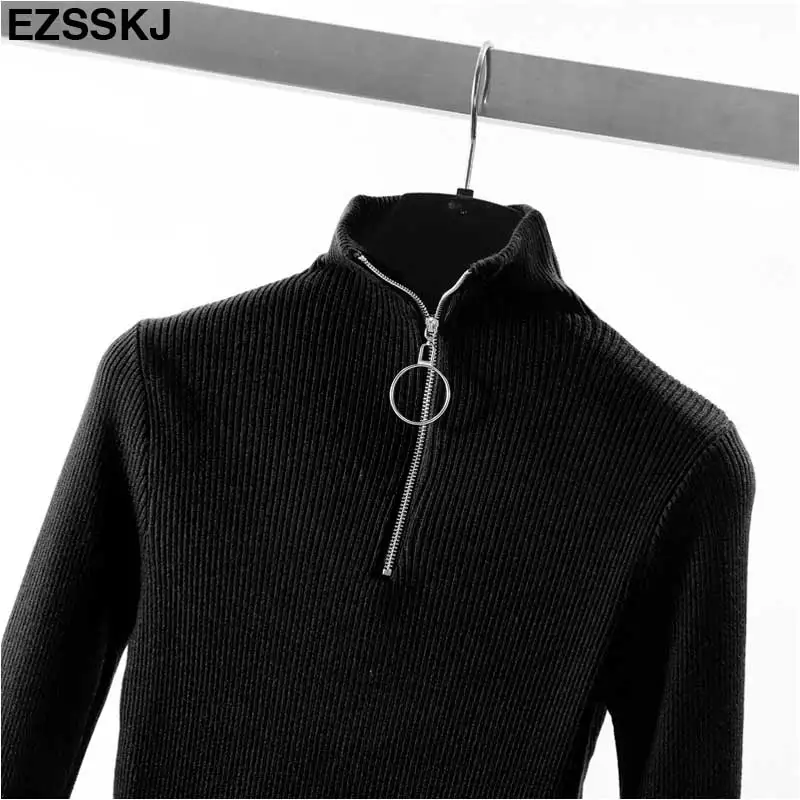 high neck black Шикарный свитер на молнии, новинка, осенний зимний женский свитер, пуловер, сексуальный женский свитер с круглым вырезом, вязаный тонкий пуловер для женщин - Цвет: high neck black