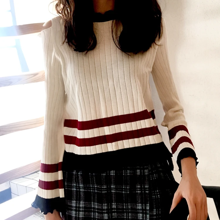 WHITNEY WANG 2018 Autumn Fashion Streetwear Korean Style Hollow out Shoulder Striped Sweater Women jumper pull femme Pullovers | Женская