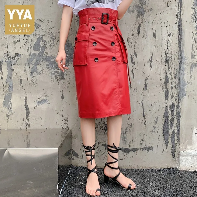 Высокая талия офисные женские пояса из натуральной кожи юбка с длиной до колена