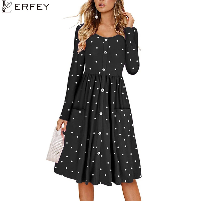 LERFEY женское платье с длинным рукавом Повседневное на пуговицах карманами