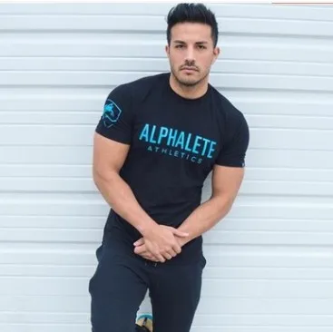 Black Blue ALPHALETE летняя Новинка для мужчин тренажерные залы футболка фитнес бодибилдинг тонкие футболки Мода для отдыха с коротким рукавом хлопковые футболки топы - Цвет: Black Blue