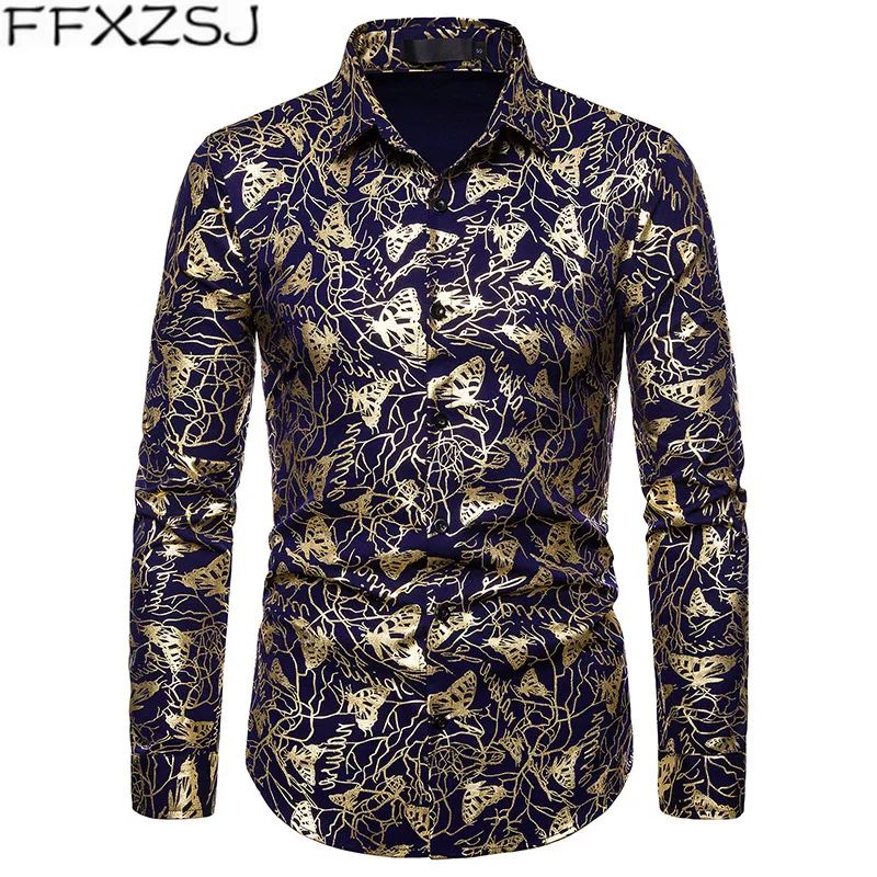 

Luxury Gold Butterfly Bronzing Tuxedo Shirt Men 2019 Brand New Long Sleeve Mens Shirts Casual Slim Fit Club Party Social Shirt