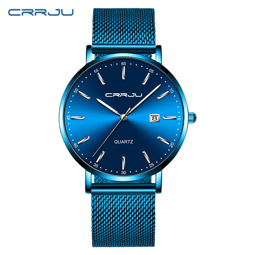 Reloj hombre CRRJU Лидирующий бренд Роскошные Синие водонепроницаемые часы тонкие Стильные повседневные кварцевые часы с датой мужские спортивные часы с сетчатым ремешком - Цвет: blue silver