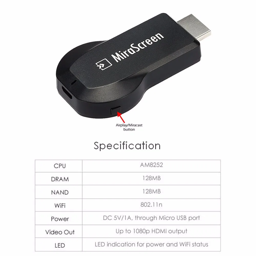 MiraScreen ТВ-палка Смарт ТВ HDMI ключ беспроводной приемник DLNA Airplay Miracast Ezcast ТВ приемник PK G2 Anycast хромированный литой