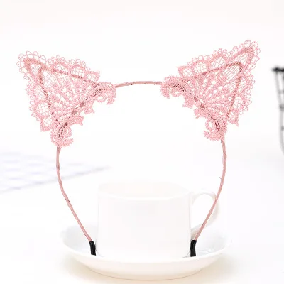 P7-pink Женские эластичные повязки на голову модные черные кружевные кошачьи ушки повязка на голову свадебные фотографии портретный стиль обруч для волос аксессуары для волос - Цвет: P7-pink