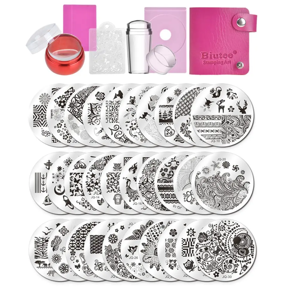 With 30pc Plates Biutee 30 шт./компл. пластины для штамповки ногтей набор геометрических цветов мульти-шаблон ногтей пластины штамп искусство украшения ногтей аксессуары - Цвет: With 30pc Plates