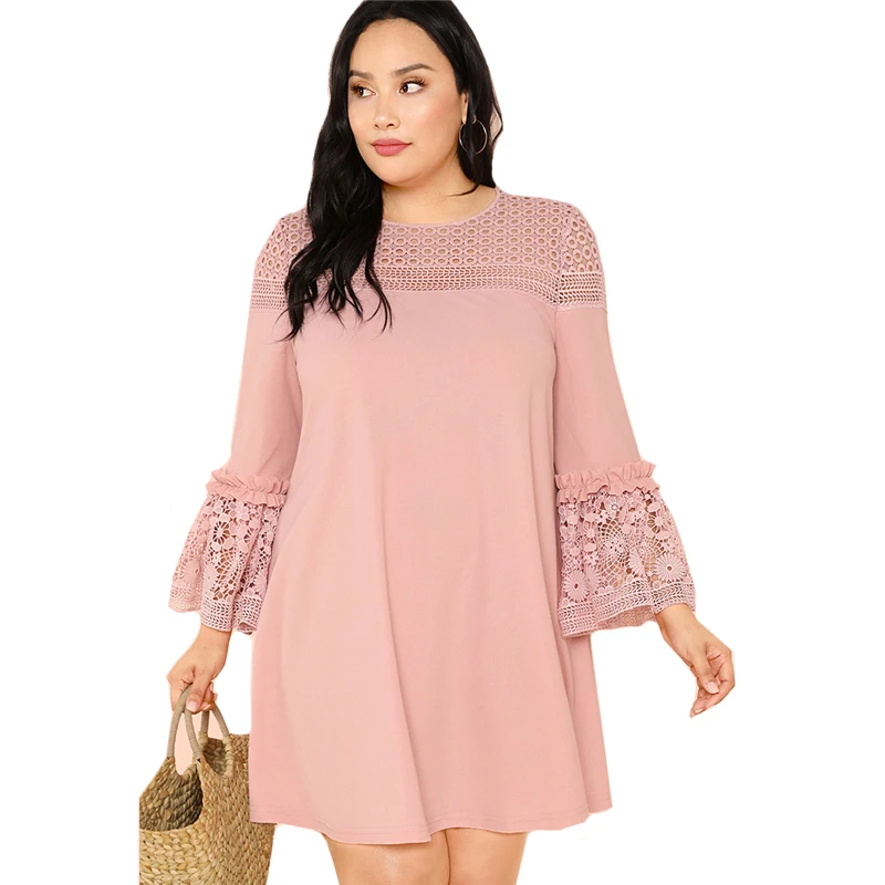 Dotfashion Plus Size Guipure Lace Insert Frill Trim Dresses Ladies Spring Fall Pink Elegant Flounce Sleeve A-Line Plain Dress