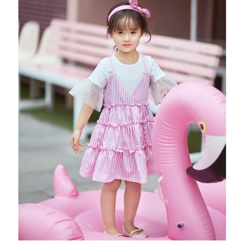 2017 летние новые дети хлопка с коротким рукавом футболки + полосатый dress из двух