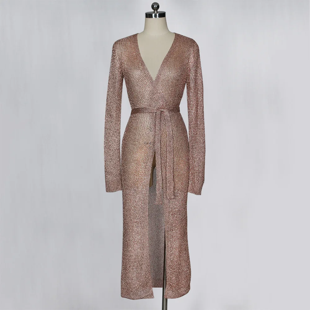 LXUNYI 2019 Thin Hollow Out Gold Knitted Cardigan Women Sashes Open Stitch Femme Tricot Long Cardigans For Sleeves |