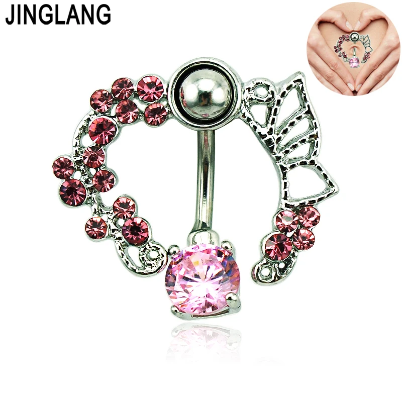 JINGLANG Brand Fashion Belly Button Rings Stainless Steel Barbells Pink Rhinestone Wreath Navel Piercing Jewelry Free Shipping | Украшения