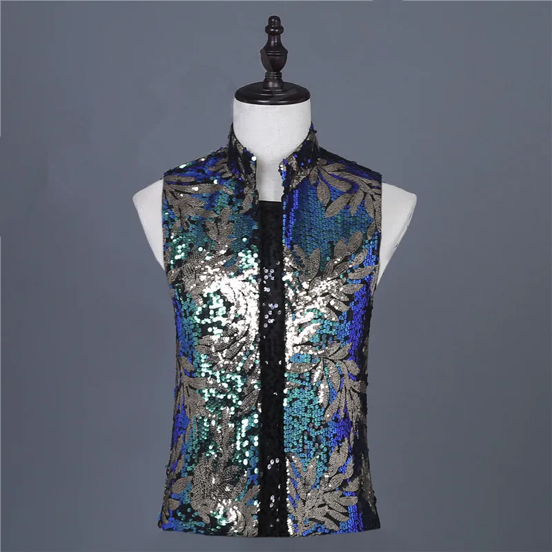 Tide Male Singer Nightclub Costume Vintage Golden Green Sequins Vest Slim Waistcoat Drum Dancer Bar Stage Performance | Мужская одежда