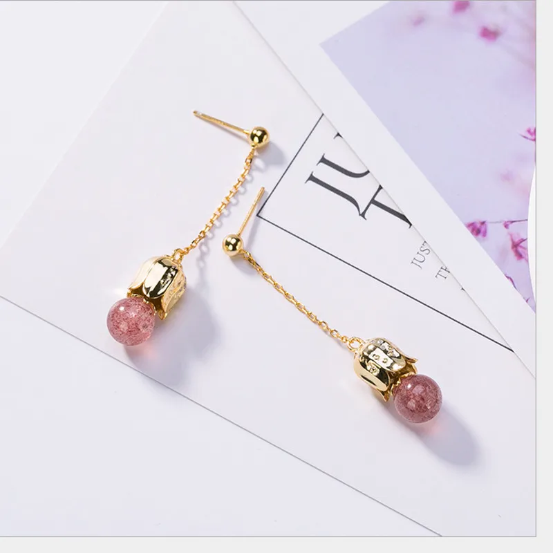 Серьги женские из серебра 925 пробы с натуральным розовым клубничным кварцем |
