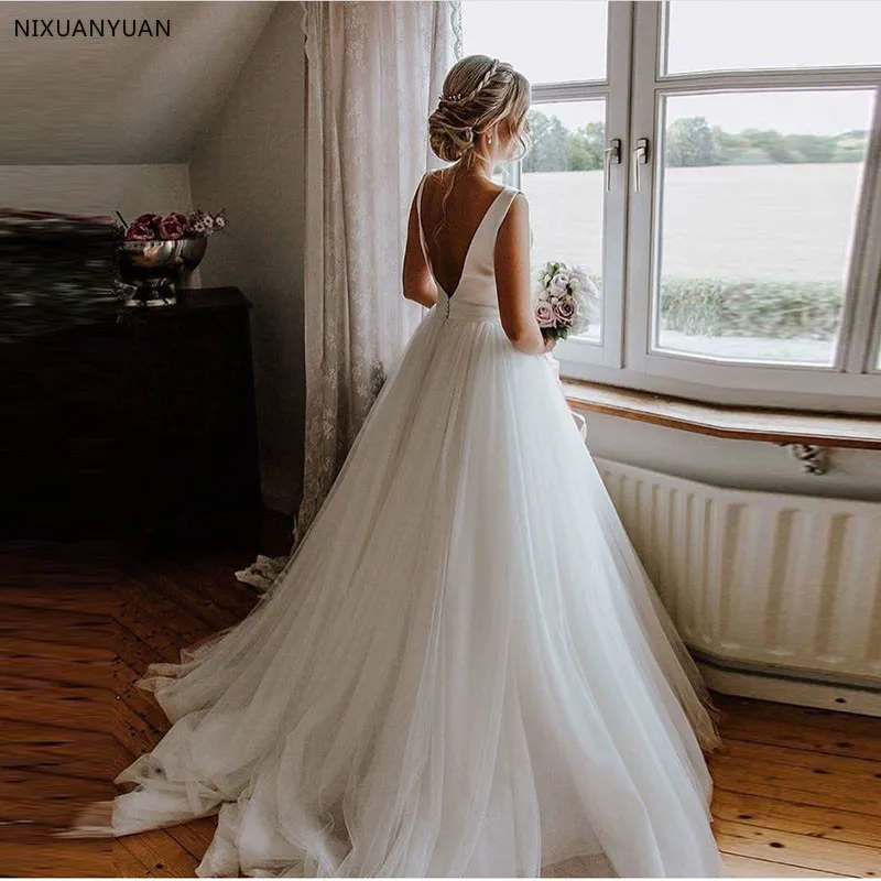 2021 Vestido De Noiva A Line Wedding Dresses Elegant Sleeveless Bride Backless Gowns Sweep Train Robe Mariee | Свадьбы и торжества