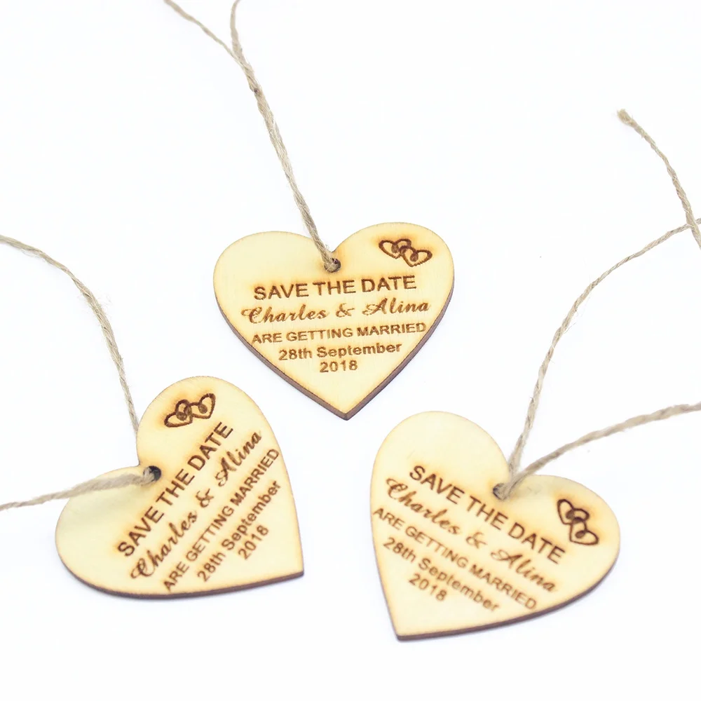 

30pcs Personalized Engraved Wooden Save the Date Tag Wedding Tags Love Heart Shape Gift Tags For Home Party Decors Favors 5x5cm