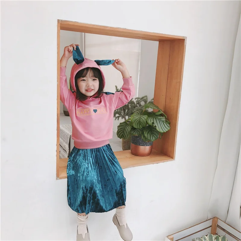2018 New Kids Girls Hoodies Sweatshirt Top+ Velvet Pleated long Dress Children girls Clothing Set Casual Fashion 2pcs set | Детская