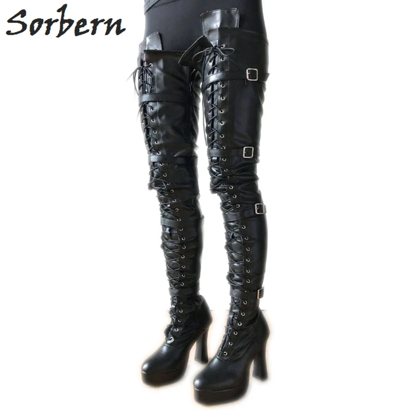 Женские высокие сапоги Sorbern на платформе и блочном каблуке 75 см с 4 ремешками