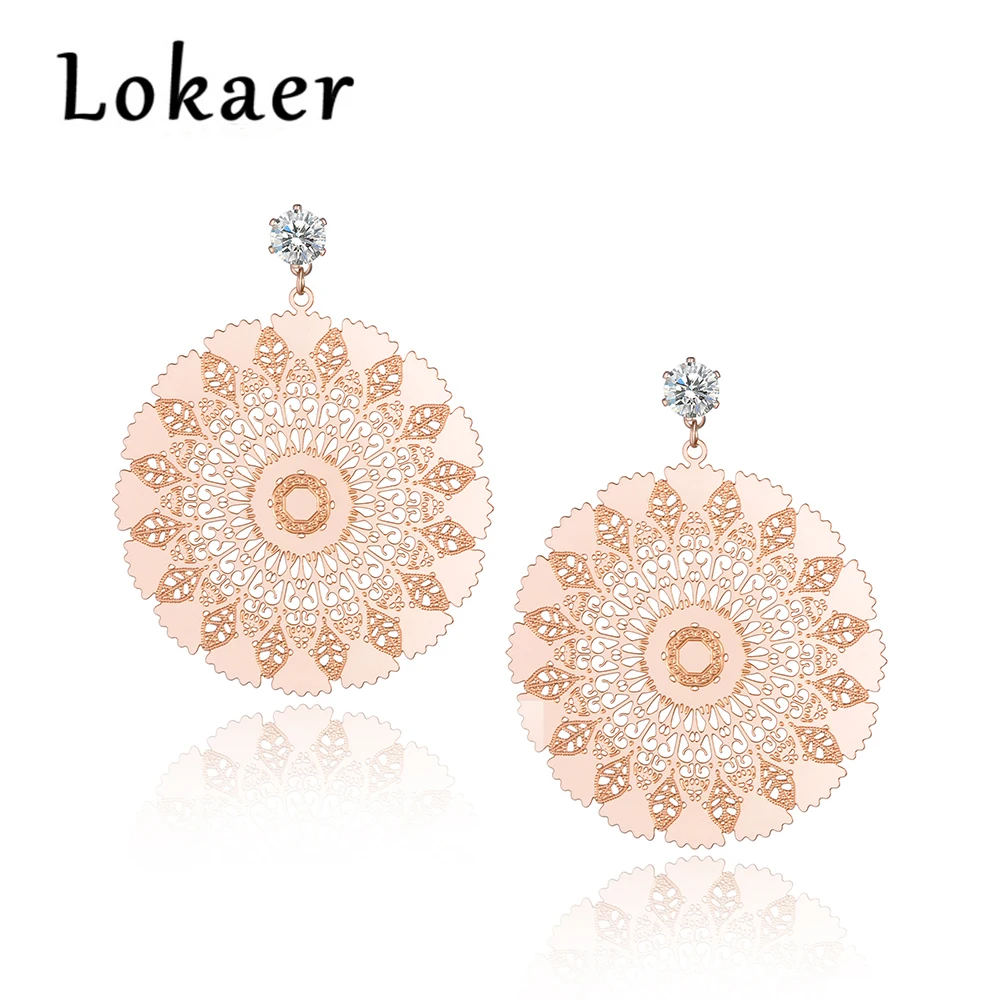 Lokaer, титановая сталь, изысканный геометрический узор, круглые серьги, ювелирное изделие, розовое золото, серьги-гвоздики для женщин, E180270233R - Окраска металла: Rose Gold Color