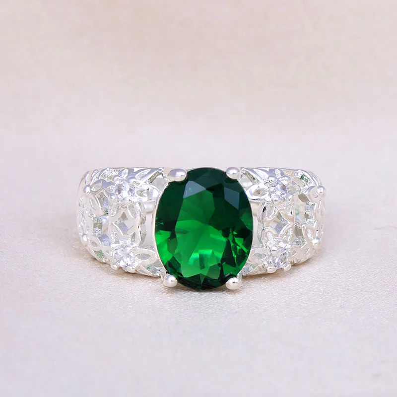 

Carving Flower Rings Green Blue Red Whiter Stone Genuine Cz Rings Paved Silver Color Ring For Women Wedding Party Jewelry Gift