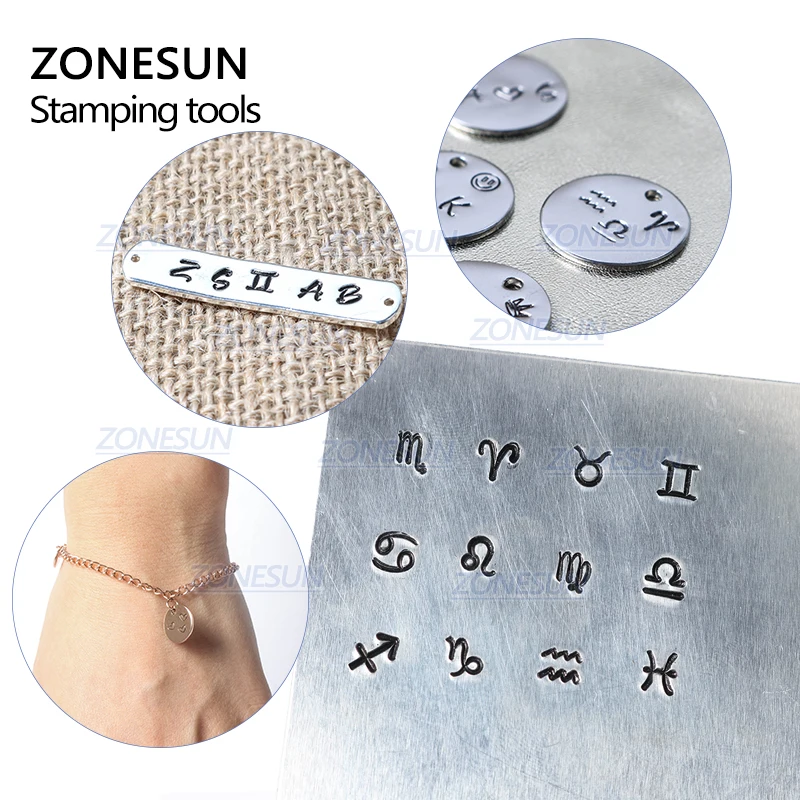ZONESUN знак зодиака 12 шт. ювелирные изделия металлические штампы символов кожаный перфоратор инструменты для стемпинга стальной металлический инструмент для браслета ожерелье