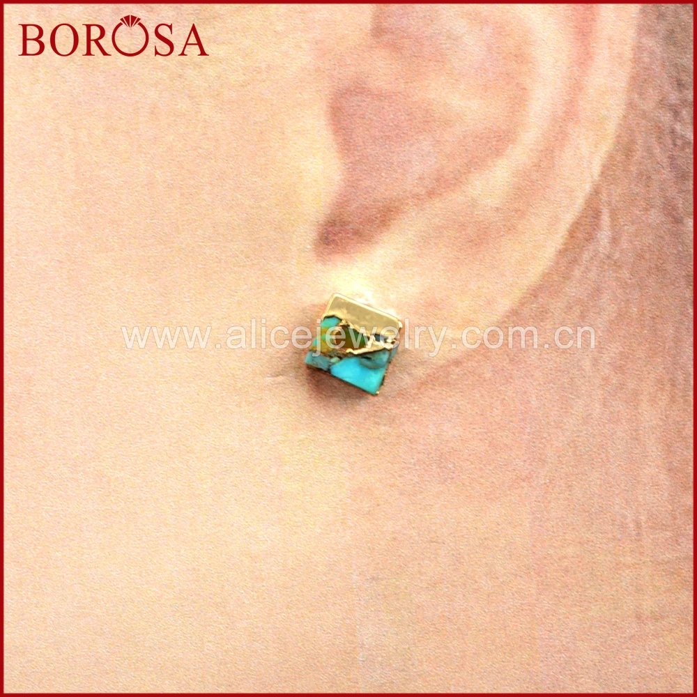 BOROSA 5/10Pairs Gold Color 7mm Square Copper Natural Turquoises Stud Earrings Blue Stone Druzy Jewelry G1648 | Украшения и