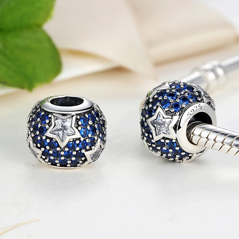 100% 925 Sterling Tibet Silver Soild Round Blue &amp Pink Rhinestone Star Bead Fit European Bracelet Authentic Luxury DIY Jewelry |