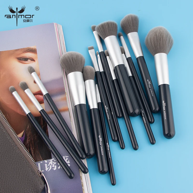Anmor Новое поступление 15 шт. набор кистей для макияжа высококачественные серые