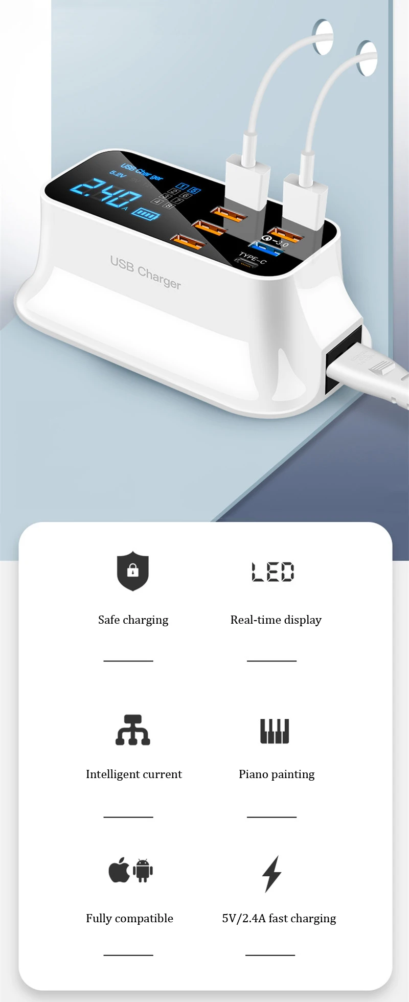 Quick Charge 3,0 Smart usb type-C зарядное светодио дный дисплей Быстрая зарядка Настольный Сетевой адаптер питания полосы Зарядное устройство семья зарядное устройство станции