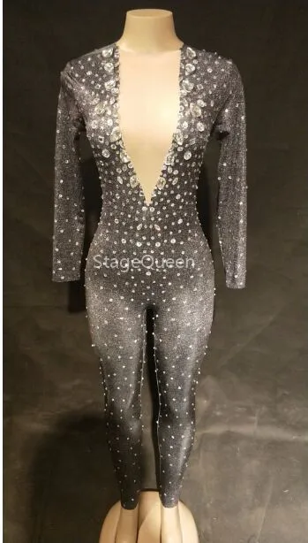 Женский сексуальный блестящий черный комбинезон со стразами и камнями боди для