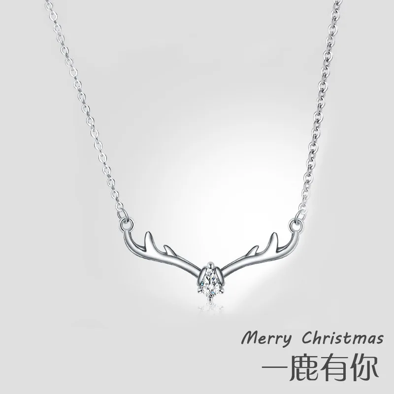 Zircon Elk Deer Horns Silver Color Necklace Pattern Trendy Cute Style Female Clavicle Chain Simple Accessory Christmas Gift Украшения и