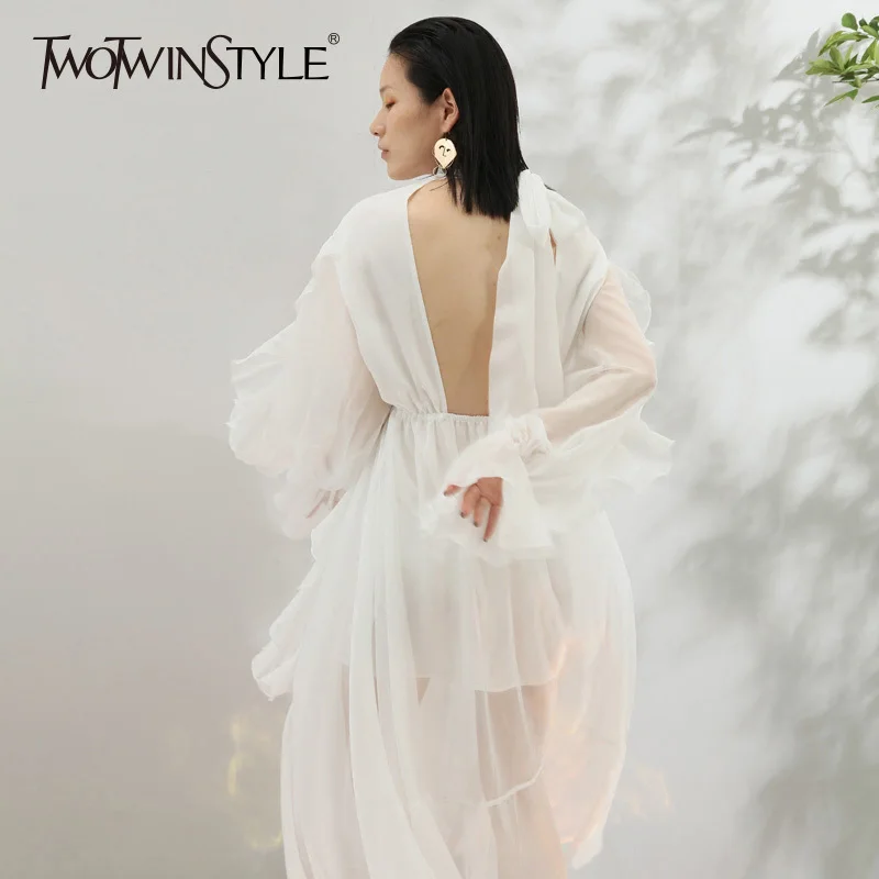 Женские платья с асимметричным подолом и оборками TWOTWINSTYLE Осеннее длинное платье