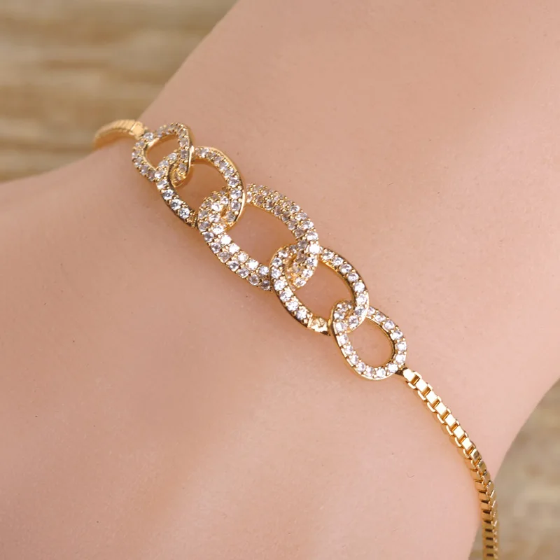 

High Quality Dubai Jewelry Bracelets for Women CZ Zircon Copper Chain Wrist Pulseira Five Full Crystals Circles Charm Bracelet