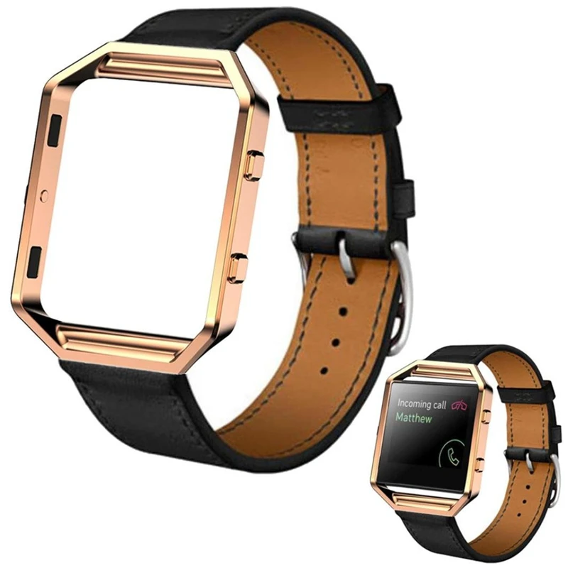 

Metal Frame Housing + Fashion Unisex Luxury Leather Watch Band for Fitbit Blaze Smart Watch