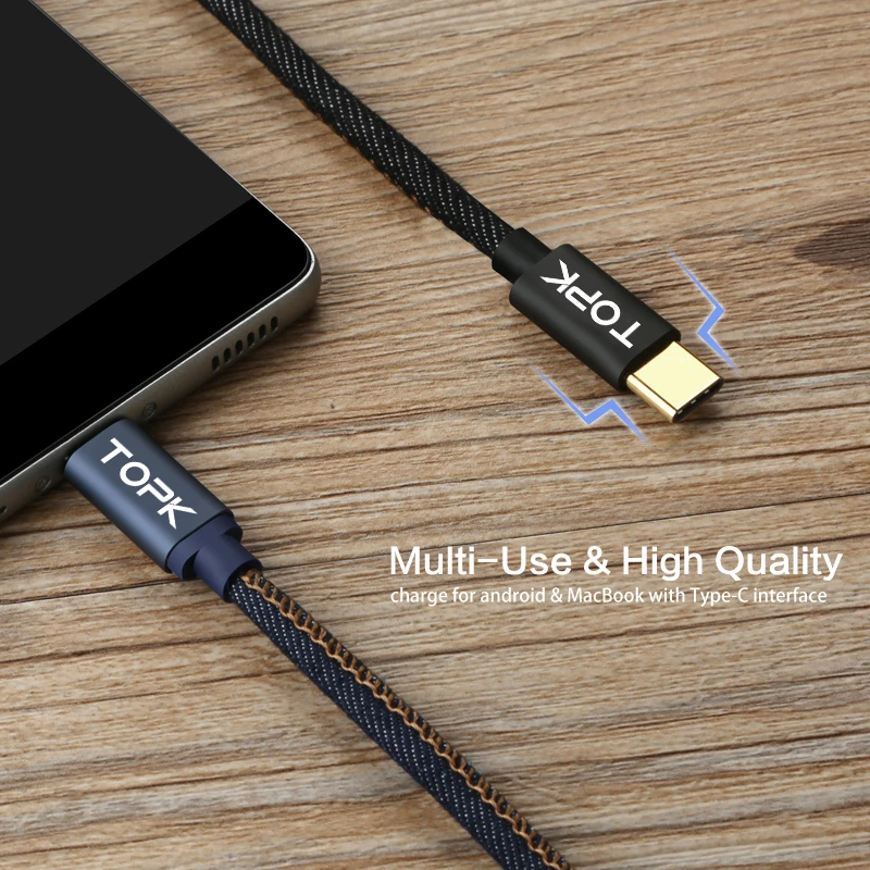 TOPK [5-Pack] usb type-C кабель в джинсовой оплетке для синхронизации данных, мобильный телефон, USB кабель для samsung S8 S9 Plus a5 one plus 5t 6