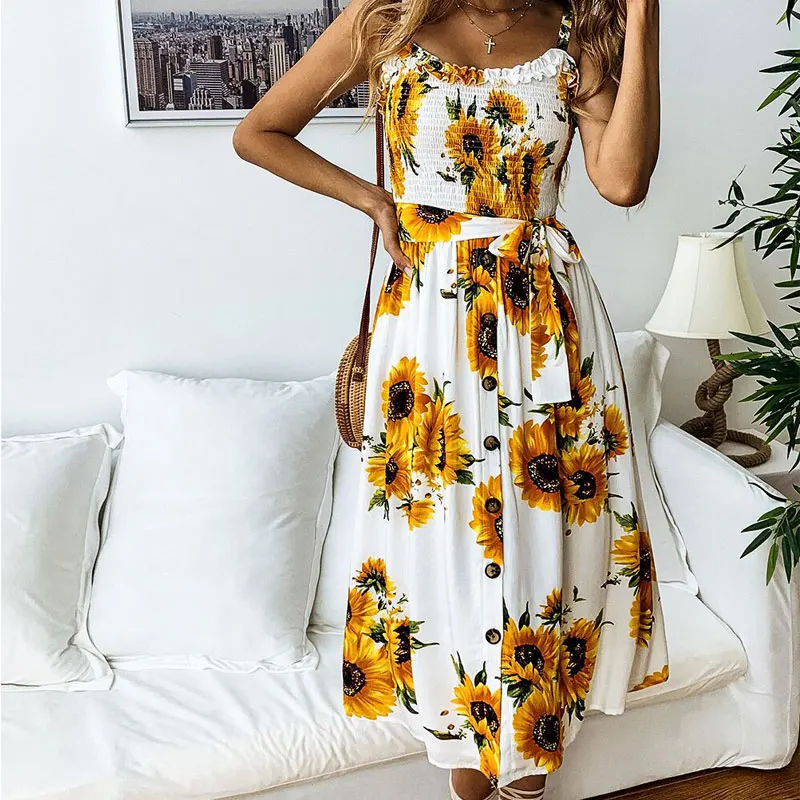 yellow sunflower Летнее женское платье с цветочным рисунком, Пляжное платье без рукавов, бодикон, женское платье для вечеринок средней длины, а-силуэт, сексуальные платья с подсолнухами для женщин - Цвет: yellow sunflower