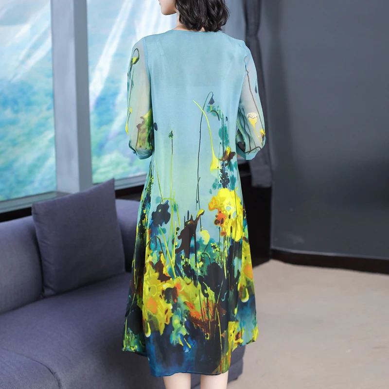 Женское шелковое платье с принтом элегантное свободное большого размера в